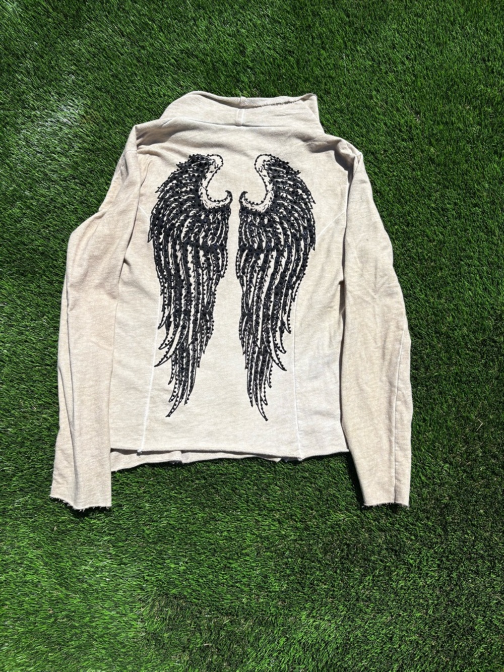 Vocal Beige Long Sleeve Top with Black Rhinestone Sequin Wing Back